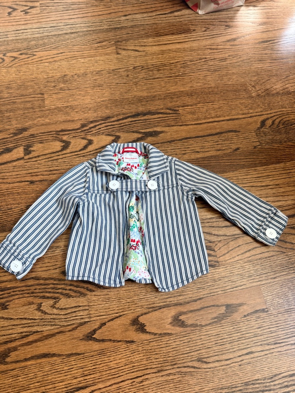 Hanna Andersson Navy & White Striped Button-Front Kids Jacket with Floral Lining